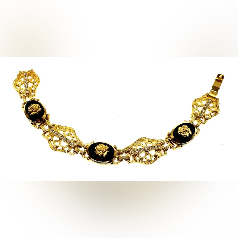 Vintage Gold Tone Linked Panel Bracelet Rose on Black Glass Crystal Accents